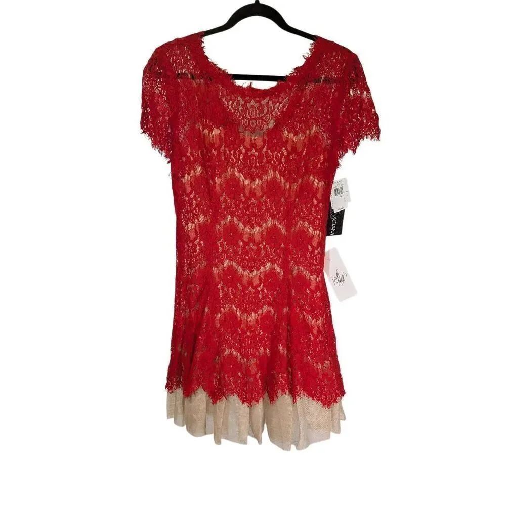 NWT Betsy & Adam Red Lace with Nude Contrast Dress Women's 6